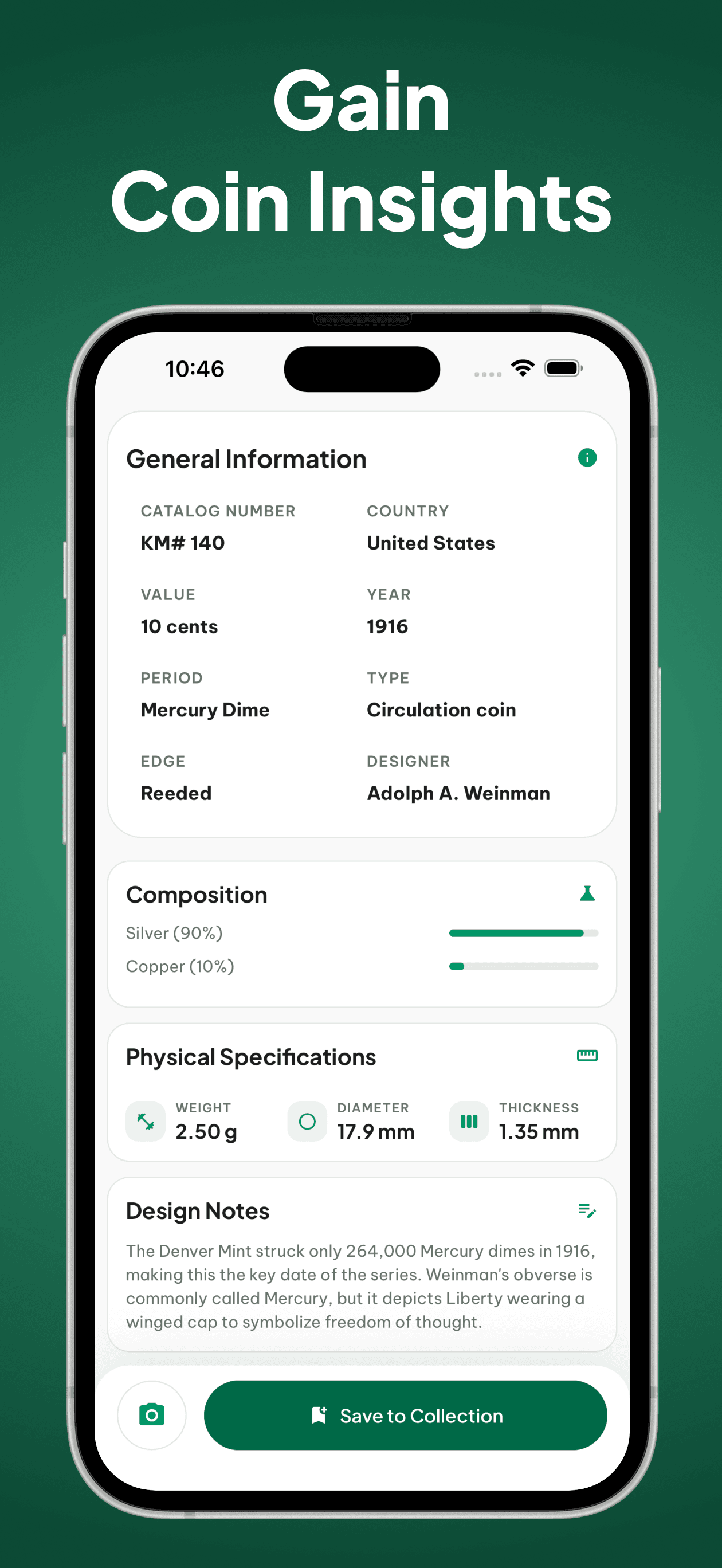 Coin Scanner coin insights screen